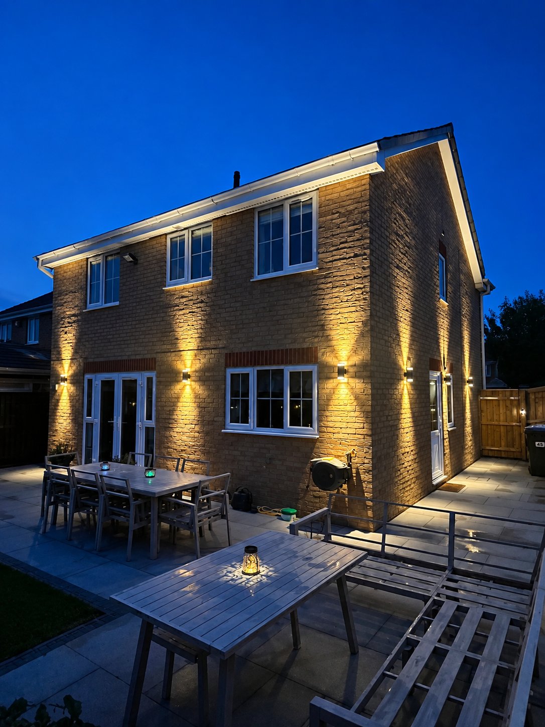 outdoor LED wall lights fitted on a house at dusk